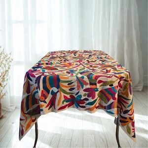 Vintage Mexican Otomi Tablecloth Hand Embroidery Tenango Folk Art Boho  76"x 68"